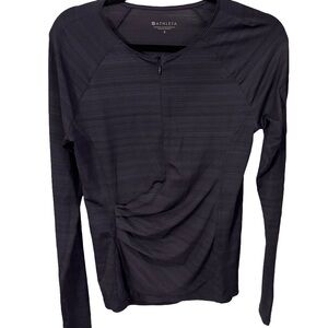 ATHLETA WOMENS BLACK 1/4 ZIP TOP THUMBHOLE RUCHED LONG SLEEVE SIZE S